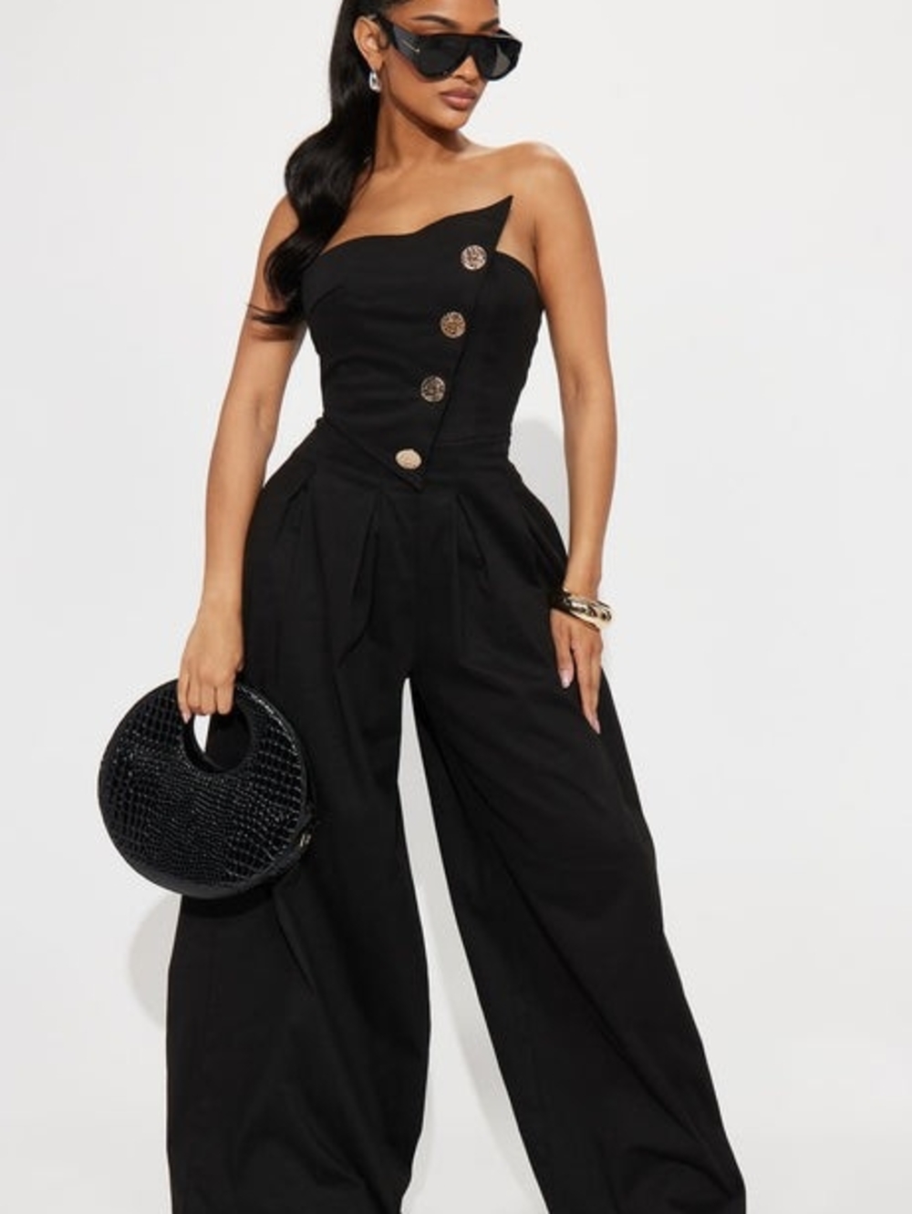 Fashion Nova Black Strapless Wide-Leg Jumpsuit with Button Accent